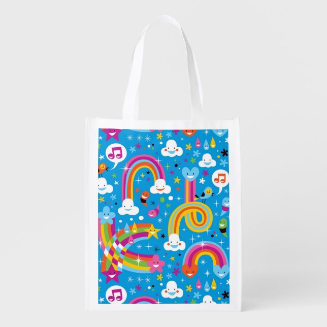 clouds rainbows rain drops hearts pattern grocery bag (Front)