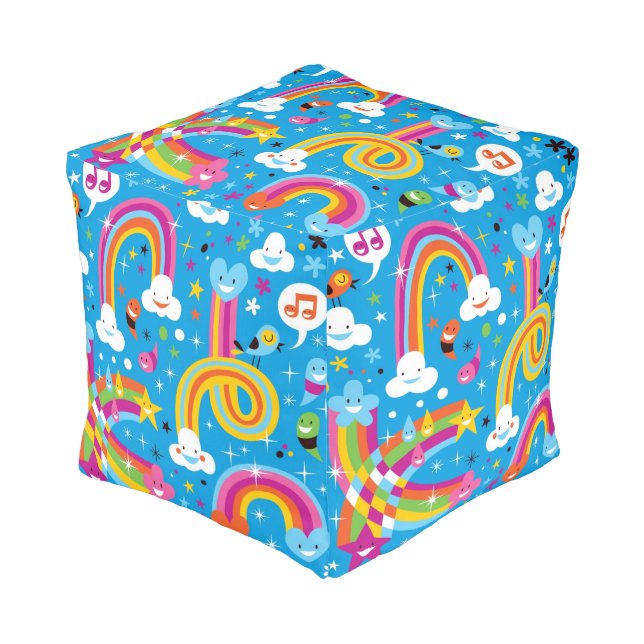 clouds rainbows rain drops hearts pattern pouf (Angled Front)