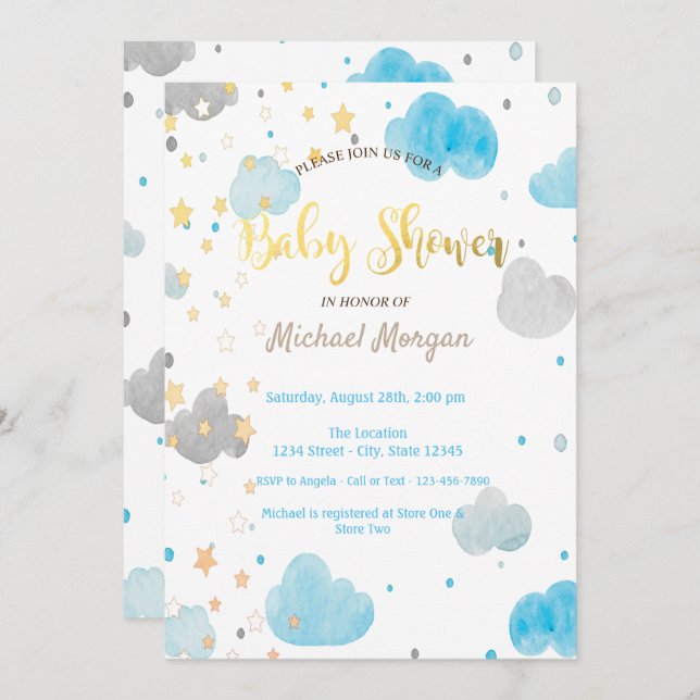 Clouds & Stars  Baby Shower Invitation (Front/Back)