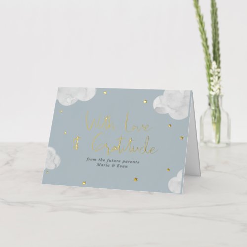Clouds Stars Blue Gray Boy Baby Shower Thank you Foil Greeting Card