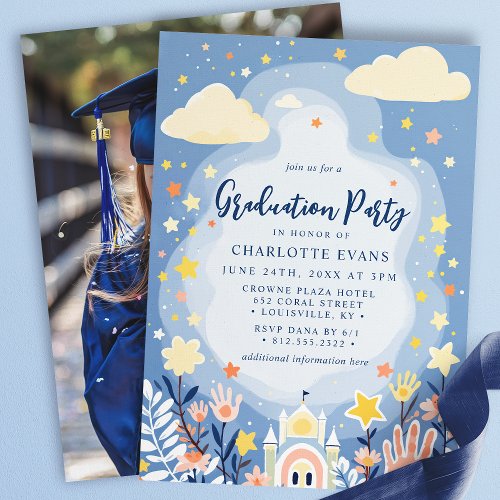 Clouds Stars Castle Kindergarten Graduation Photo Invitation