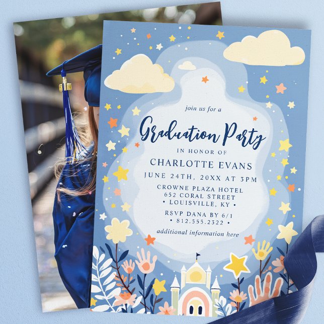 Clouds Stars Castle Kindergarten Graduation Photo Invitation (Creator Uploaded)