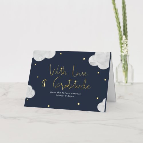 Clouds Stars Dark Blue Boy Baby Shower Thank you Foil Greeting Card