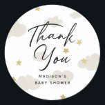 Clouds Stars Gold Thank You Baby Shower Classic Round Sticker<br><div class="desc">Featuring modern brush script with our illustration of drawn clouds,  accented with faux gold foil stars.</div>