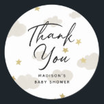 Clouds Stars Gold Thank You Baby Shower Classic Round Sticker<br><div class="desc">Featuring modern brush script with our illustration of drawn clouds,  accented with faux gold foil stars.</div>