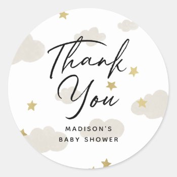 Clouds Stars Gold Thank You Baby Shower Classic Round Sticker by NBpaperco at Zazzle