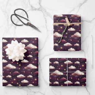 Clouds & Stars on Dark Purple Wrapping Paper Sheets