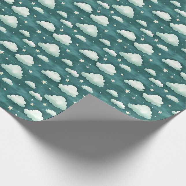 Clouds & Stars on Dark Teal Wrapping Paper (Corner)