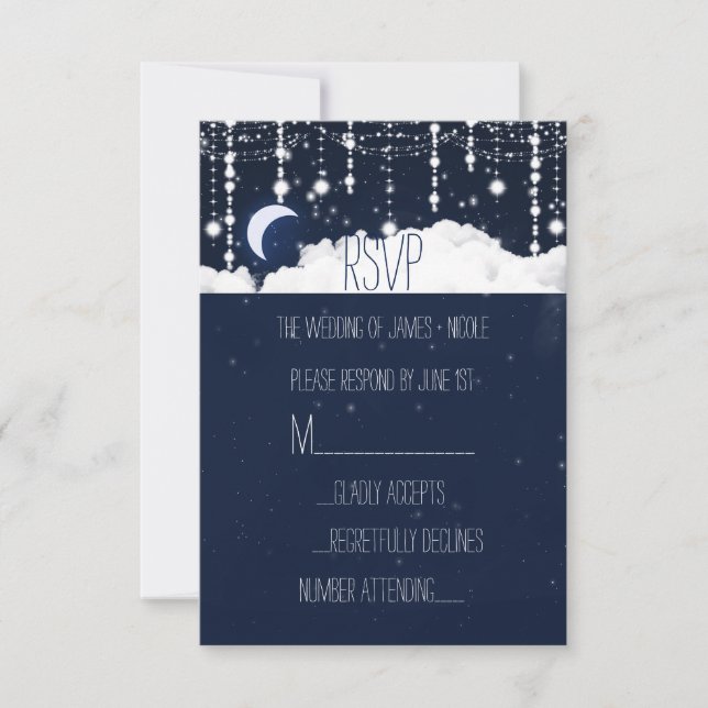 Clouds & Stars Sparkle Celestial Wedding RSVP Card (Front)