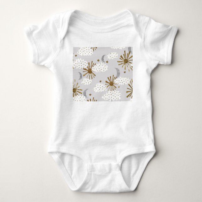Clouds, sun, and moon, minimalistic pattern. baby bodysuit (Front)