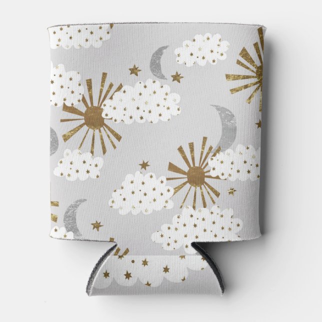 Clouds, sun, and moon, minimalistic pattern. can cooler (Front)