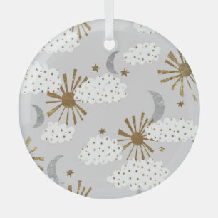Clouds, sun, and moon, minimalistic pattern. glass ornament