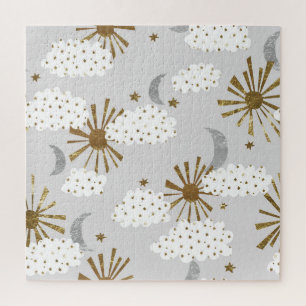 Clouds, sun, and moon, minimalistic pattern. jigsaw puzzle