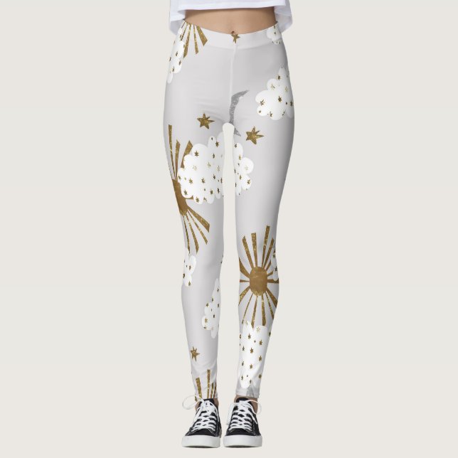 Clouds, sun, and moon, minimalistic pattern. leggings (Front)