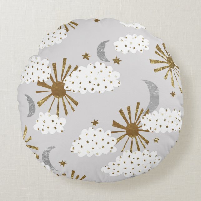 Clouds, sun, and moon, minimalistic pattern. round pillow (Front)