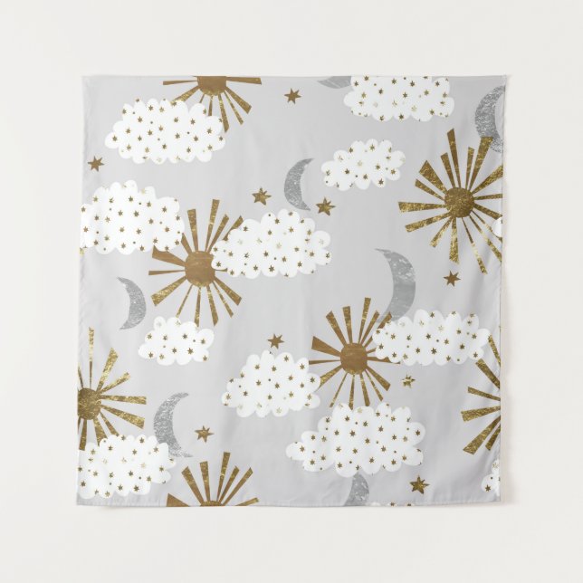 Clouds, sun, and moon, minimalistic pattern. tapestry (Front)