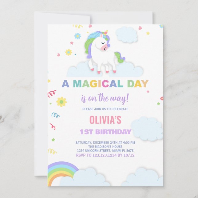 Clouds Unicorn Birthday Invitations (Front)