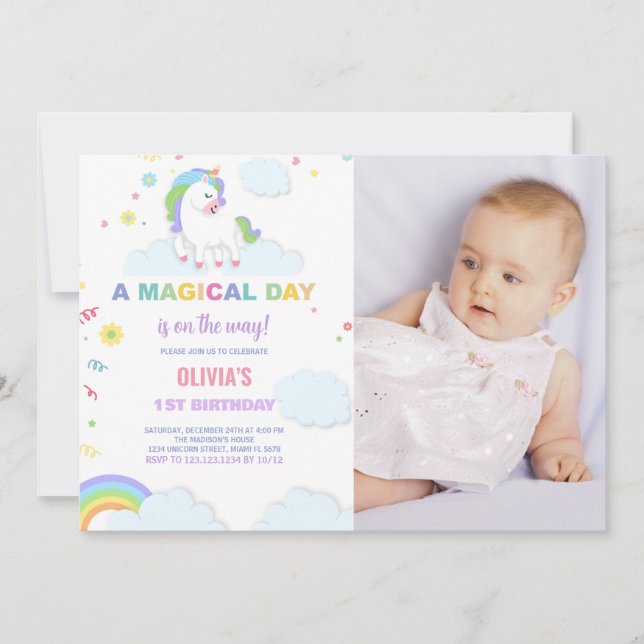 Clouds Unicorn Birthday Invitations with photo (Front)