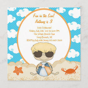 Cloudy Beach Boy in the Sand Birthday Invitation