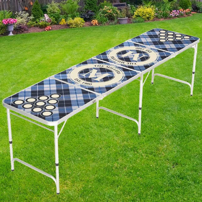 Cloudy Blue Plaid Family Monogram & Name Beer Pong Table (Creator Uploaded)