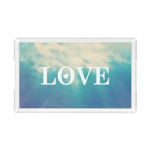 Cloudy Blue Sky Love Typography Acrylic Tray