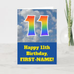 [ Thumbnail: Cloudy Blue Sky, Rainbow Pattern "11" Birthday # Card ]