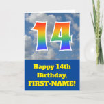 [ Thumbnail: Cloudy Blue Sky, Rainbow Pattern "14" Birthday # Card ]