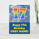 [ Thumbnail: Cloudy Blue Sky, Rainbow Pattern "17" Birthday # Card ]