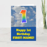 [ Thumbnail: Cloudy Blue Sky, Rainbow Pattern "1" Birthday # Card ]