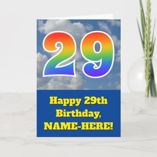 Cloudy Blue Sky, Rainbow Pattern "29" Birthday # Card (Front)