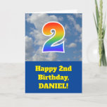 [ Thumbnail: Cloudy Blue Sky, Rainbow Pattern "2" Birthday # Card ]