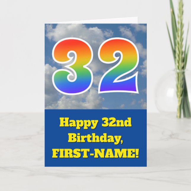 Cloudy Blue Sky, Rainbow Pattern "32" Birthday # Card (Front)