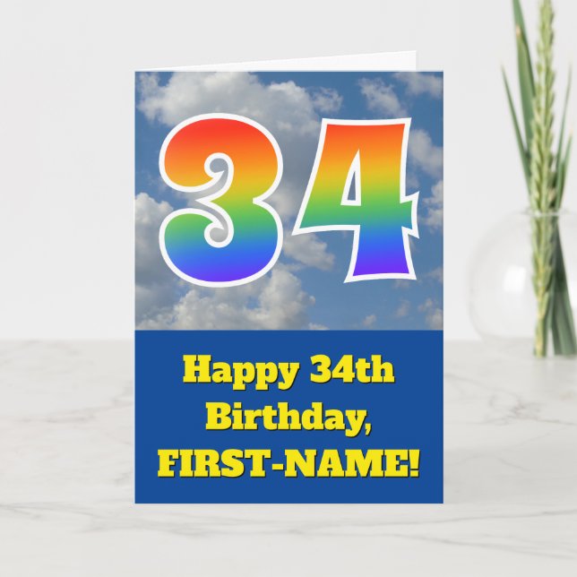 Cloudy Blue Sky, Rainbow Pattern "34" Birthday # Card (Front)