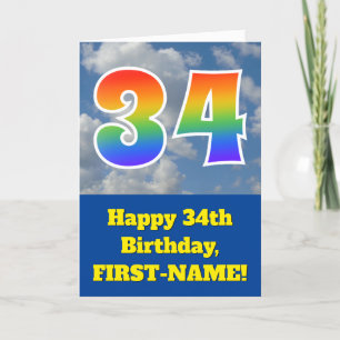 Cloudy Blue Sky, Rainbow Pattern "34" Birthday # Card