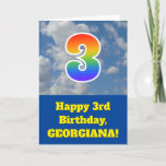 [ Thumbnail: Cloudy Blue Sky, Rainbow Pattern "3" Birthday # Card ]