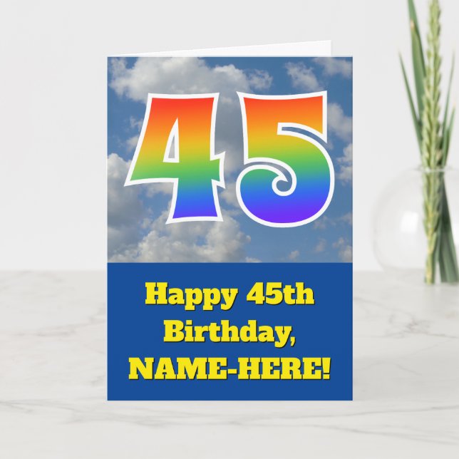 Cloudy Blue Sky, Rainbow Pattern "45" Birthday # Card (Front)