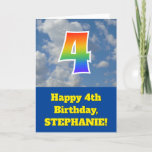 [ Thumbnail: Cloudy Blue Sky, Rainbow Pattern "4" Birthday # Card ]