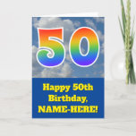 [ Thumbnail: Cloudy Blue Sky, Rainbow Pattern "50" Birthday # Card ]