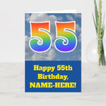 [ Thumbnail: Cloudy Blue Sky, Rainbow Pattern "55" Birthday # Card ]