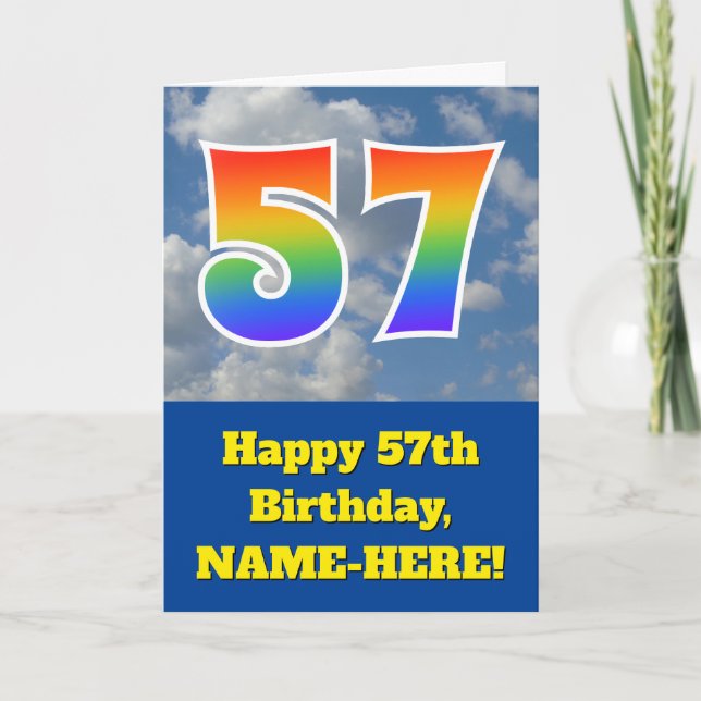 Cloudy Blue Sky, Rainbow Pattern "57" Birthday # Card (Front)