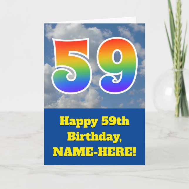 Cloudy Blue Sky, Rainbow Pattern "59" Birthday # Card (Front)