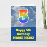 [ Thumbnail: Cloudy Blue Sky, Rainbow Pattern "5" Birthday # Card ]