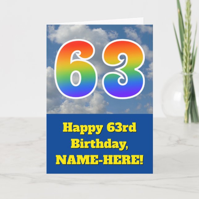 Cloudy Blue Sky, Rainbow Pattern "63" Birthday # Card (Front)