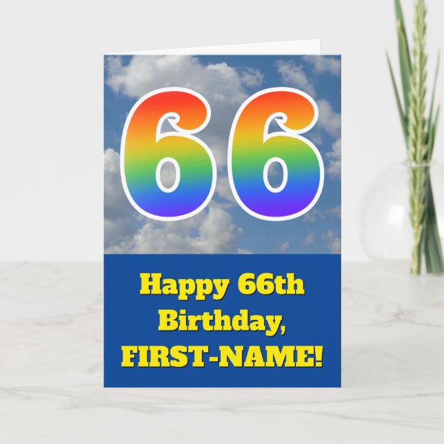 Cloudy Blue Sky, Rainbow Pattern "66" Birthday # Card (Front)
