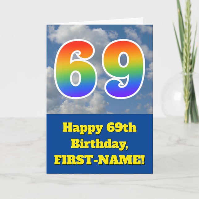Cloudy Blue Sky, Rainbow Pattern "69" Birthday # Card (Front)