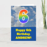 [ Thumbnail: Cloudy Blue Sky, Rainbow Pattern "6" Birthday # Card ]