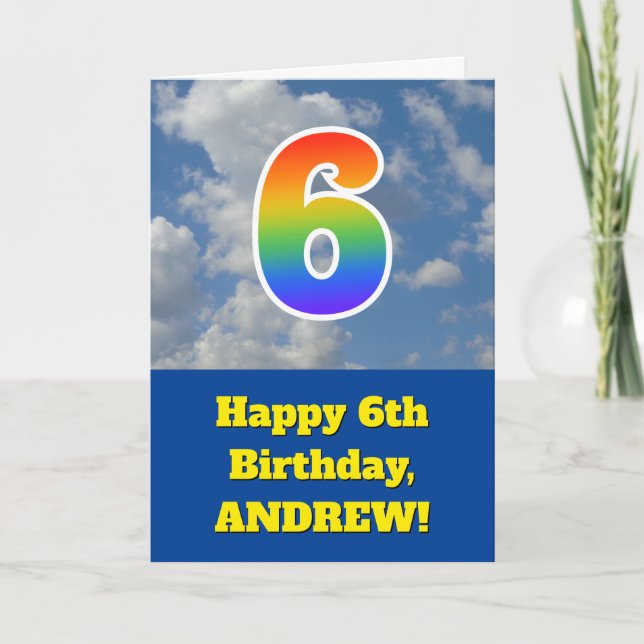 Cloudy Blue Sky, Rainbow Pattern "6" Birthday # Card (Front)