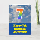 [ Thumbnail: Cloudy Blue Sky, Rainbow Pattern "7" Birthday # Card ]