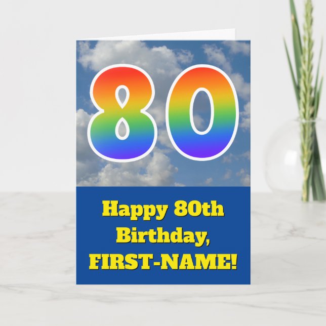 Cloudy Blue Sky, Rainbow Pattern "80" Birthday # Card (Front)