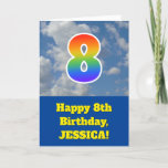 [ Thumbnail: Cloudy Blue Sky, Rainbow Pattern "8" Birthday # Card ]